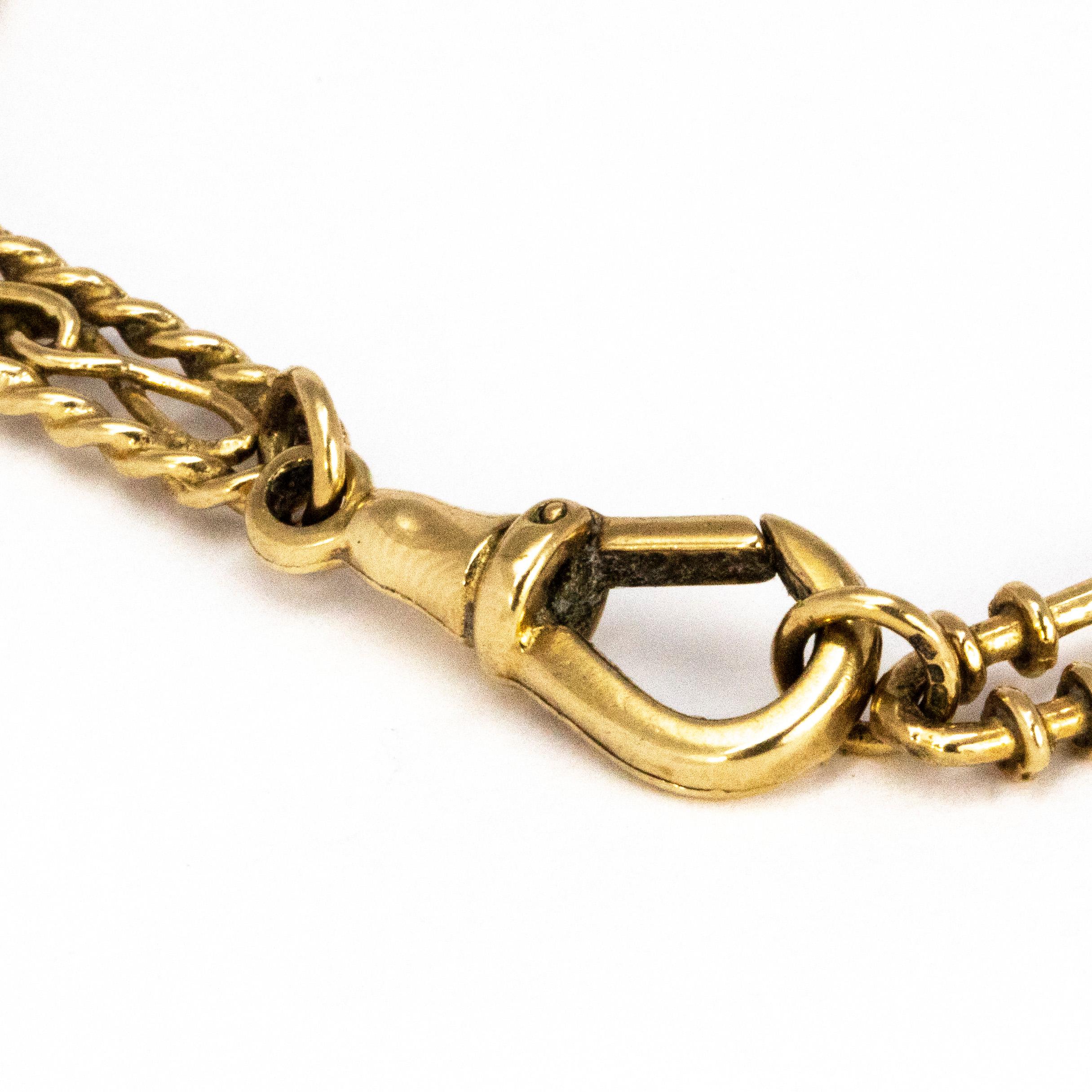 This gorgeous bracelet has highly decorative links in it. One of the styles resembles the trombone link and the other is packed with swirl detail. Modelled in 9ct gold.

Length: 20cm 
Width: 6.5mm 