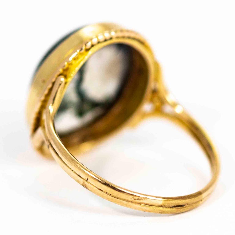 Vintage 9 Carat Gold Moss Agate Cabochon Ring For Sale at 1stDibs