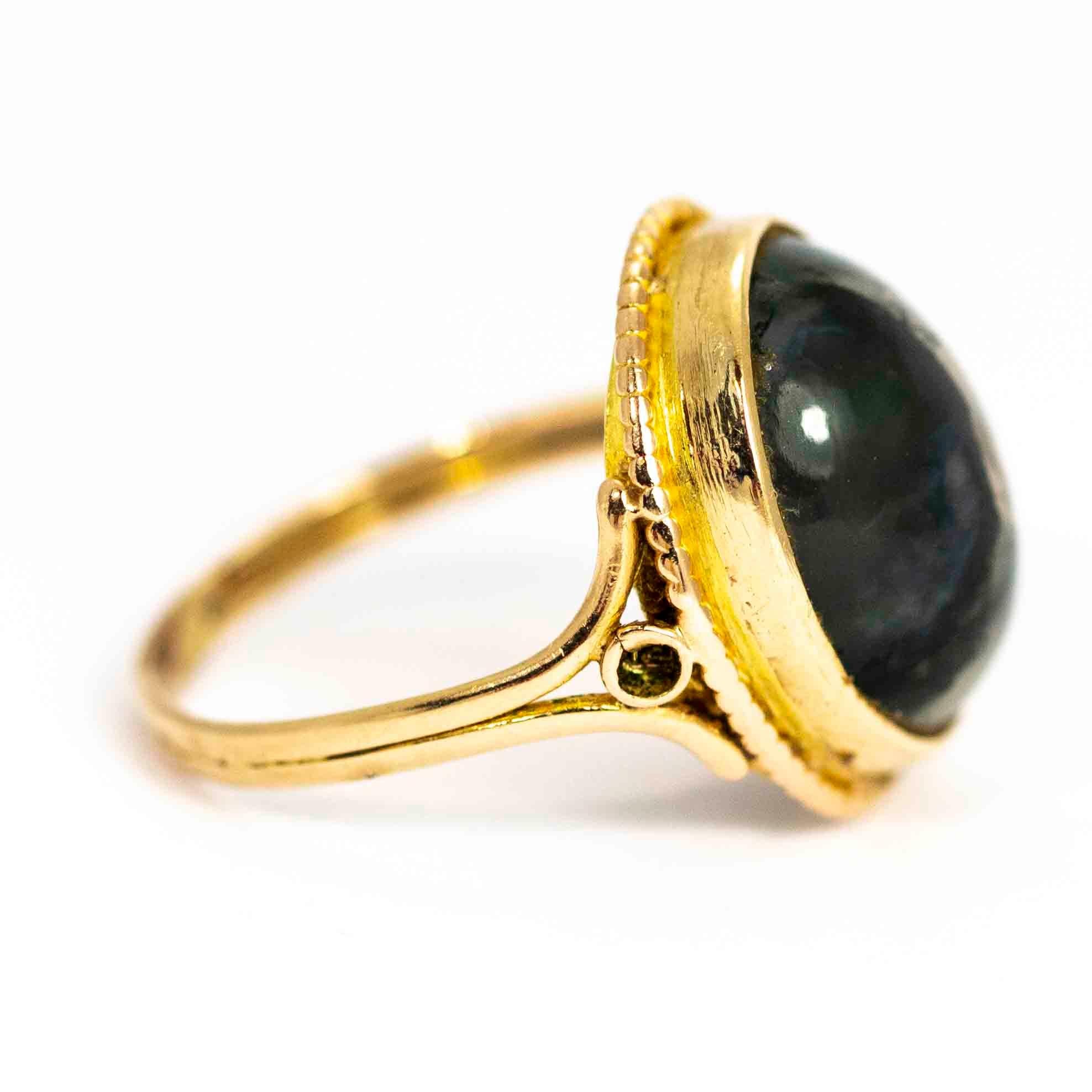 Oval Cut Vintage 9 Carat Gold Moss Agate Cabochon Ring For Sale