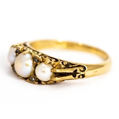 Vintage 9 Carat Gold Pearl and Diamond Three-Stone Ring