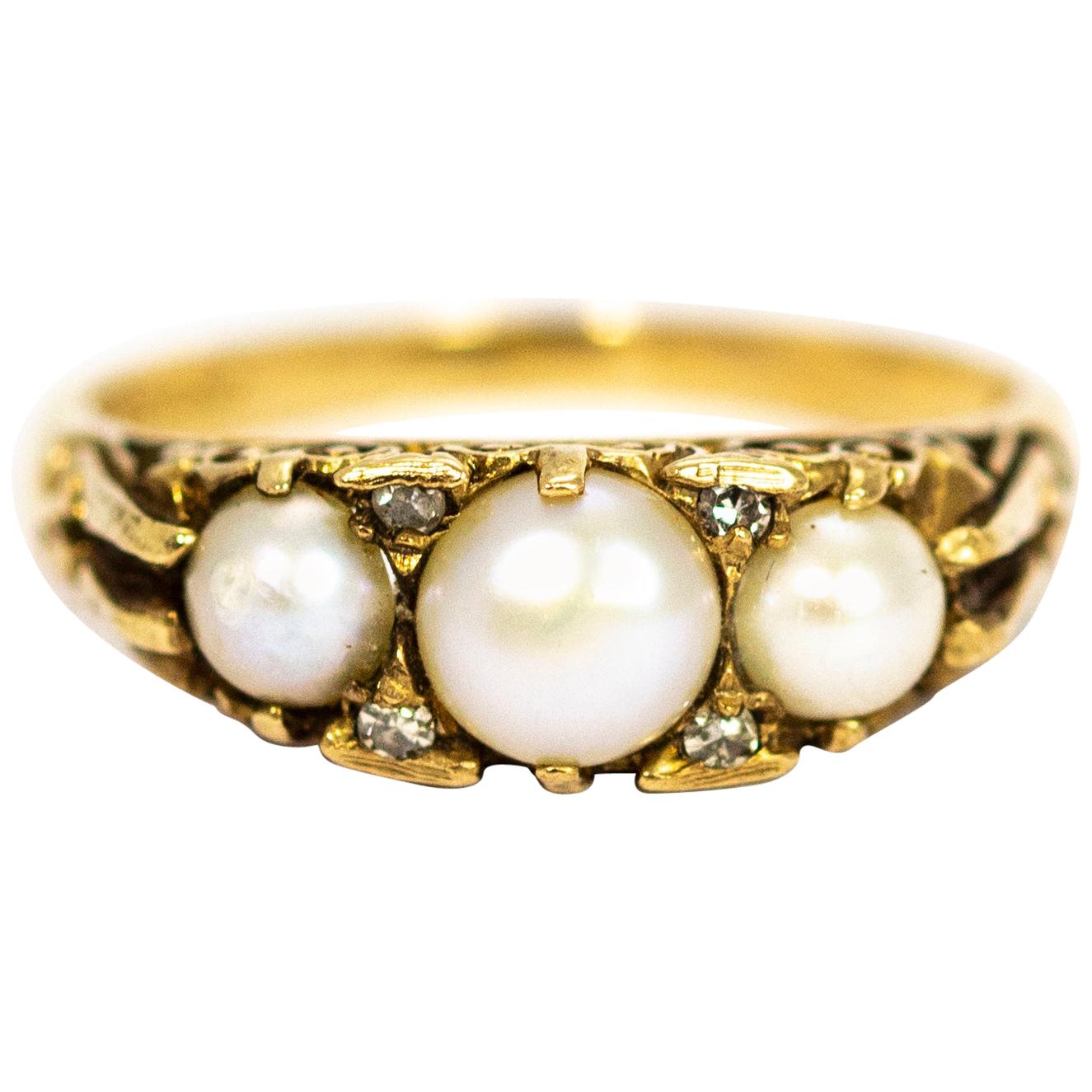 Vintage 9 Carat Gold Pearl and Diamond Three-Stone Ring