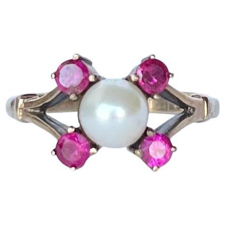 Vintage 9 Carat Gold Pearl and Ruby Ring For Sale