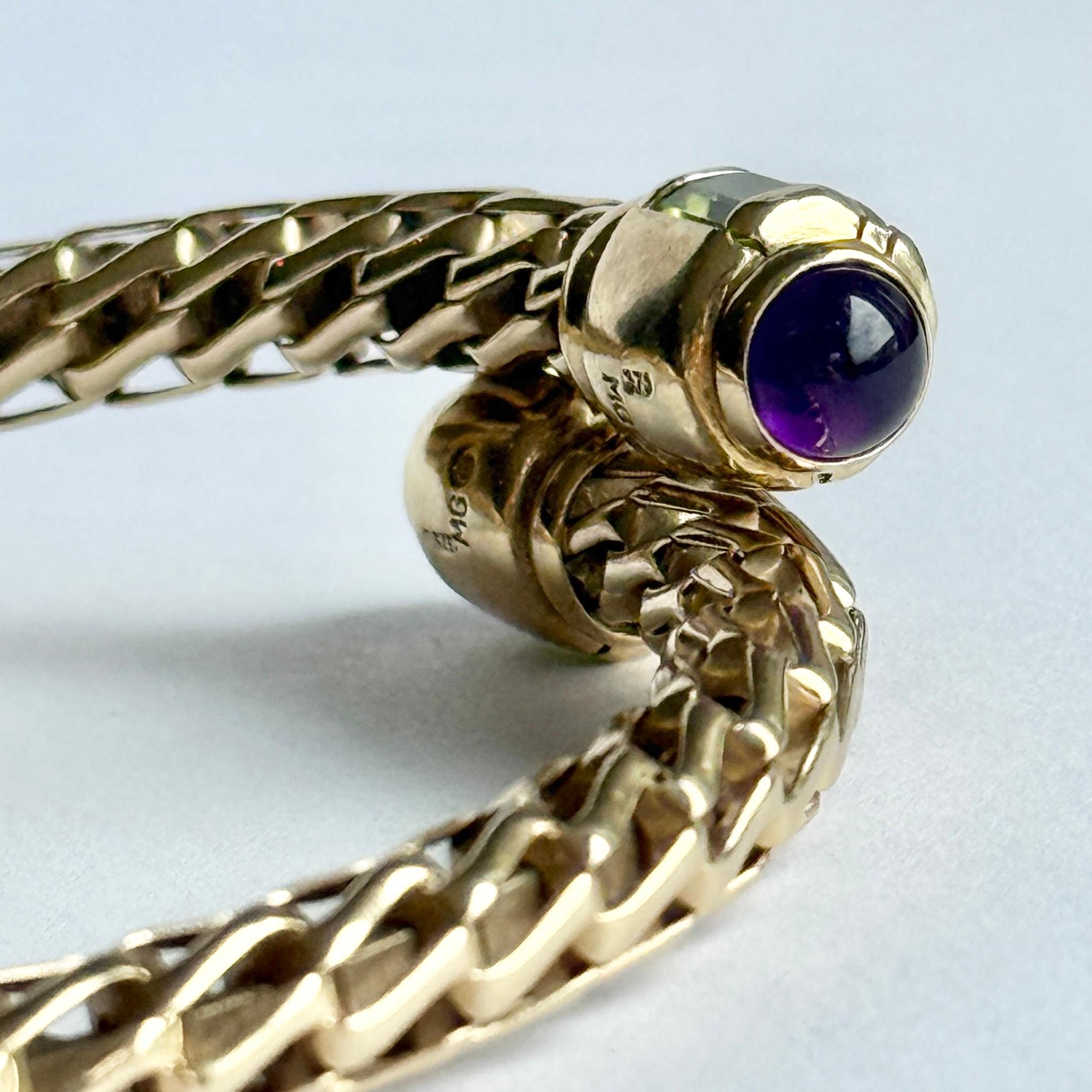 Vintage 9 Karat Gold, Peridot und Amethyst Armreif (Smaragdschliff) im Angebot