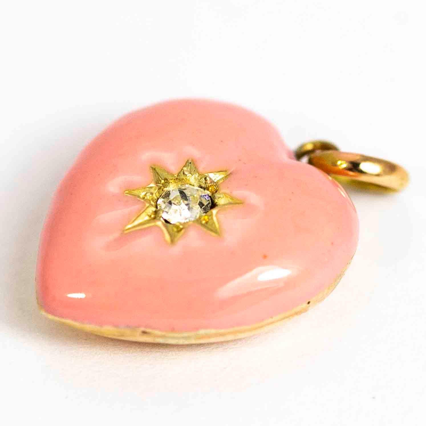 Round Cut Vintage 9 Carat Gold Pink Enamel and Diamond Heart Pendant