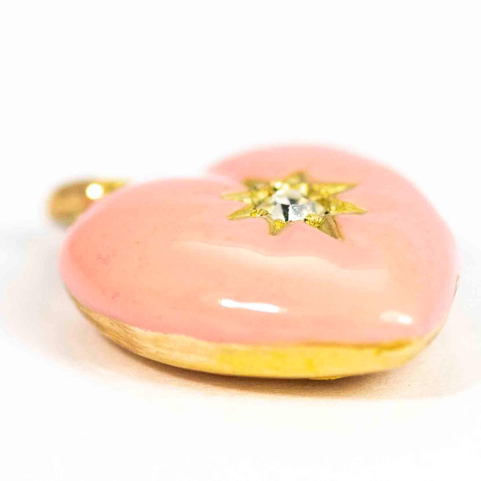 Vintage 9 Carat Gold Pink Enamel and Diamond Heart Pendant In Good Condition In Chipping Campden, GB
