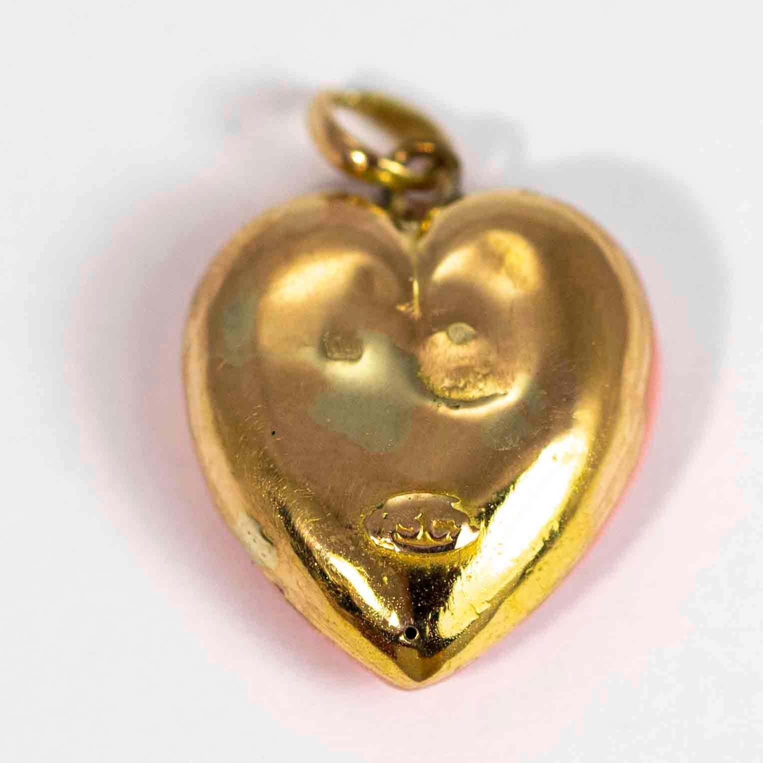 Women's or Men's Vintage 9 Carat Gold Pink Enamel and Diamond Heart Pendant