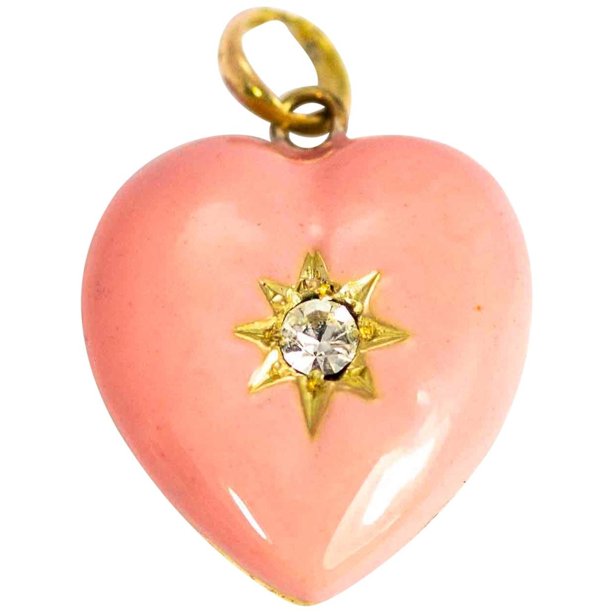 Vintage 9 Carat Gold Pink Enamel and Diamond Heart Pendant
