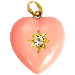 Vintage 9 Carat Gold Pink Enamel and Diamond Heart Pendant