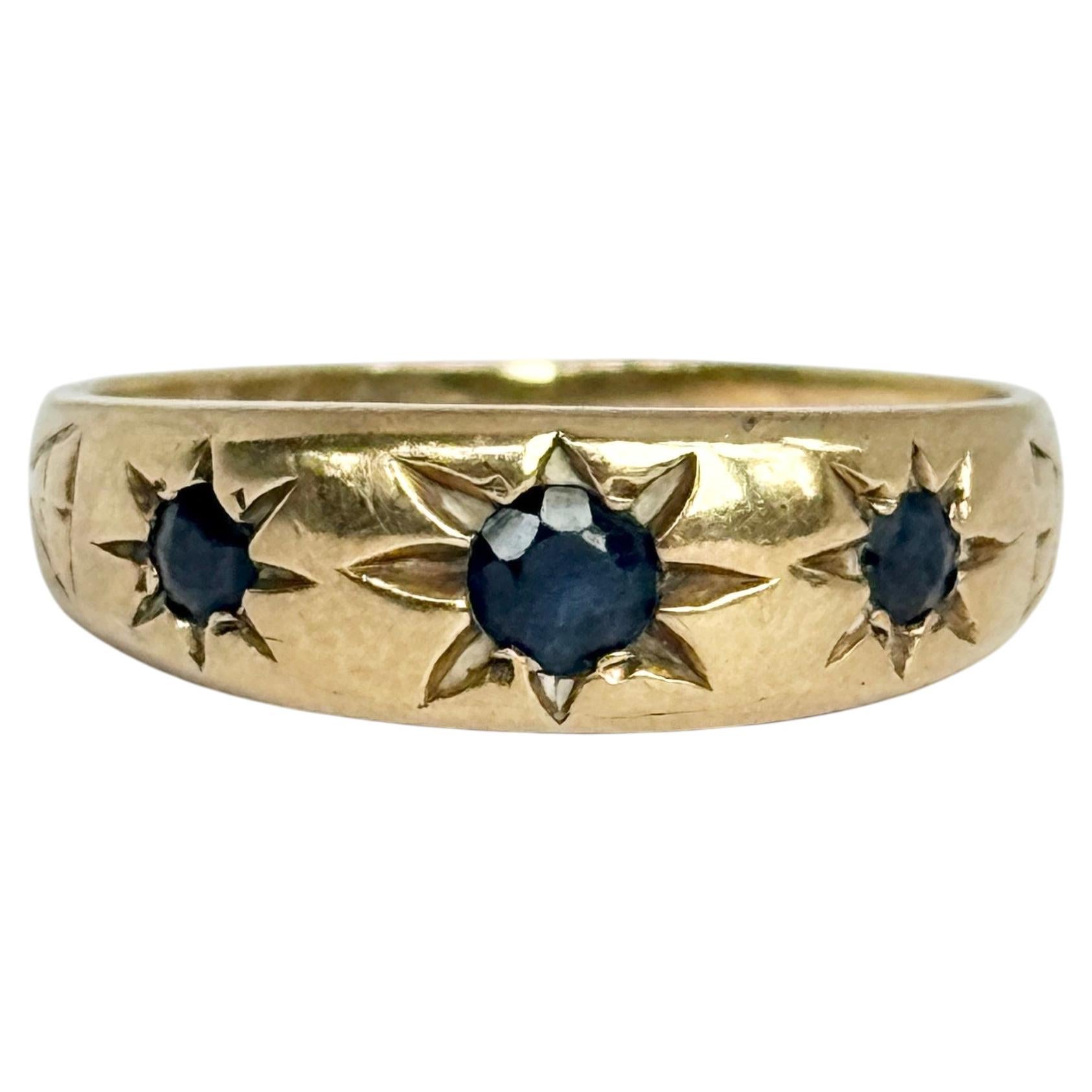Vintage 9 Carat Gold Sapphire Three Stone Star Setting Ring