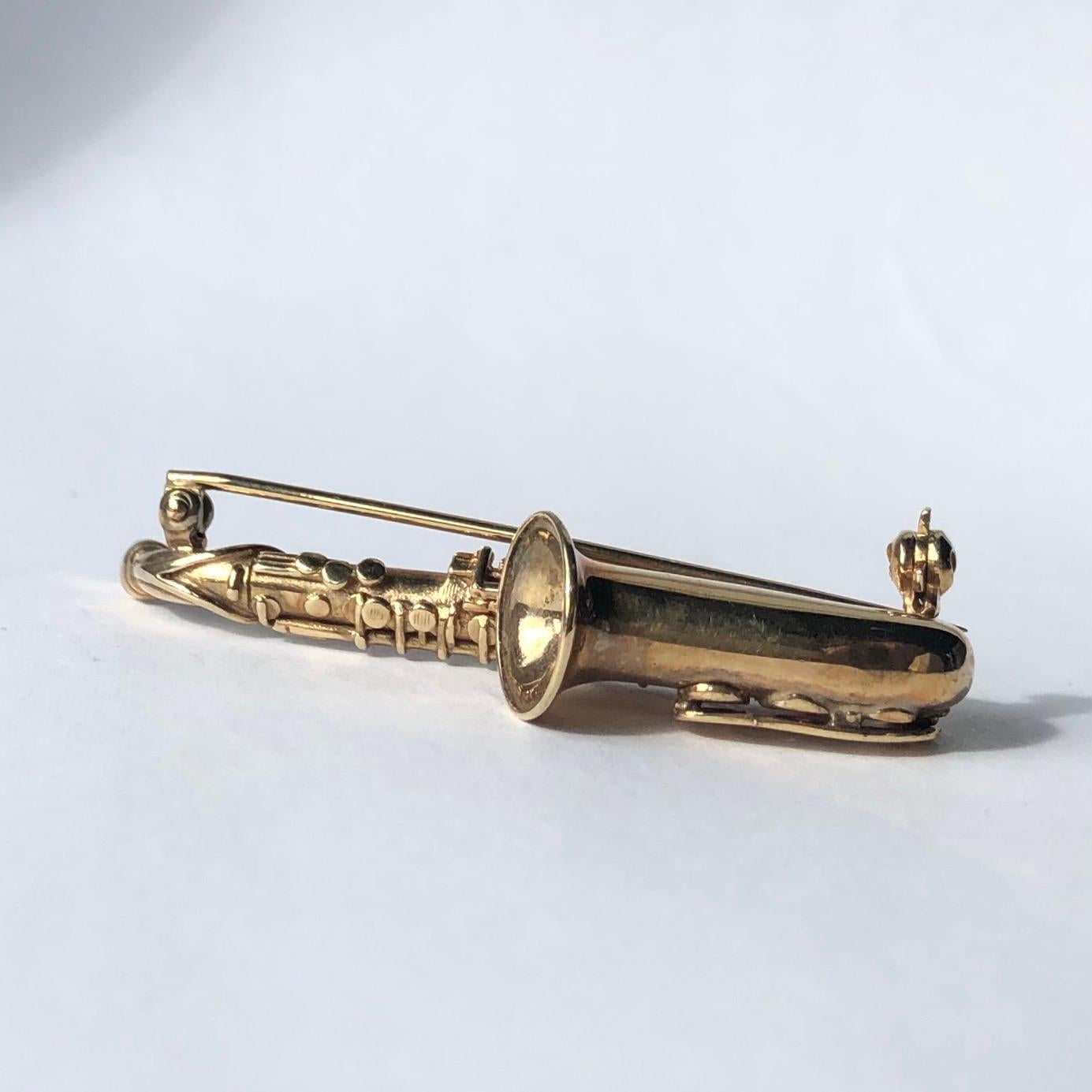 Modern Vintage 9 Carat Gold Saxophone Brooch