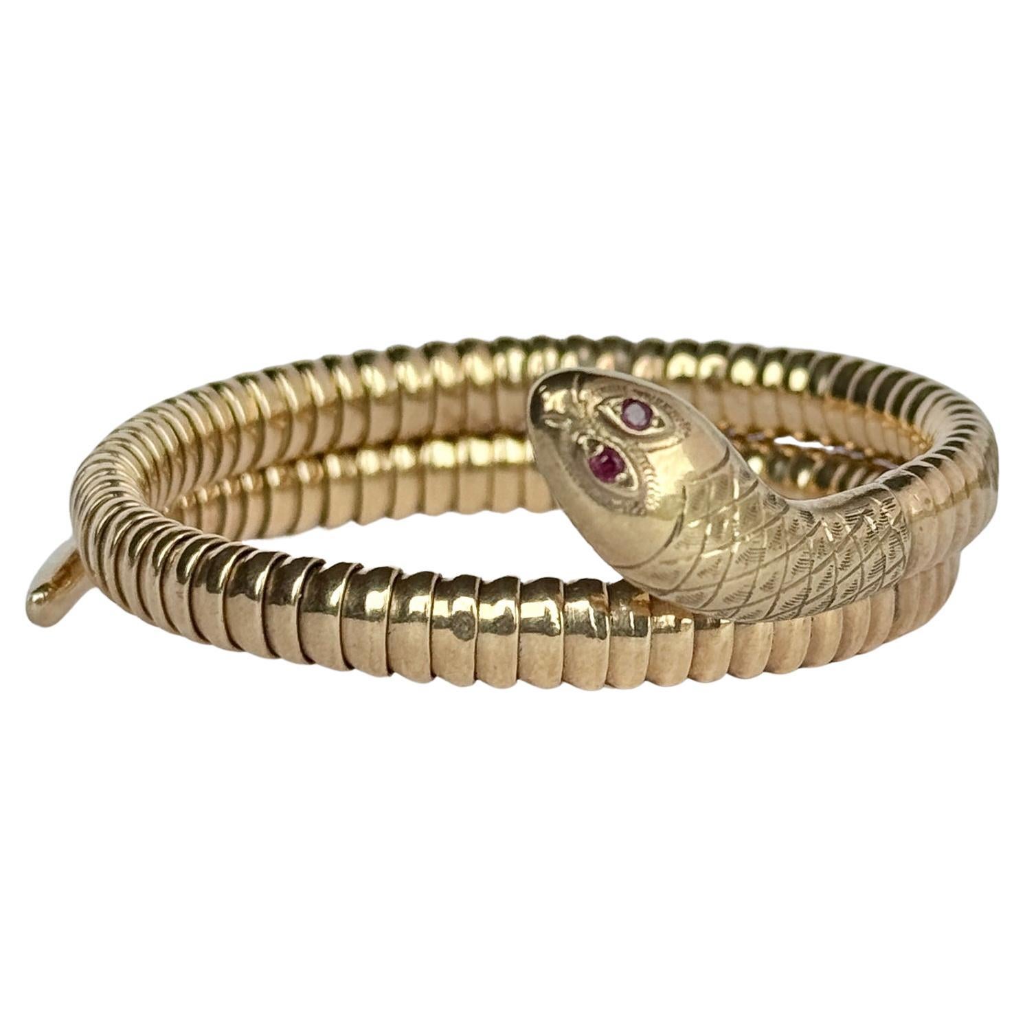 Vintage 9 Carat Gold Snake Bracelet Set With Rubies For Sale