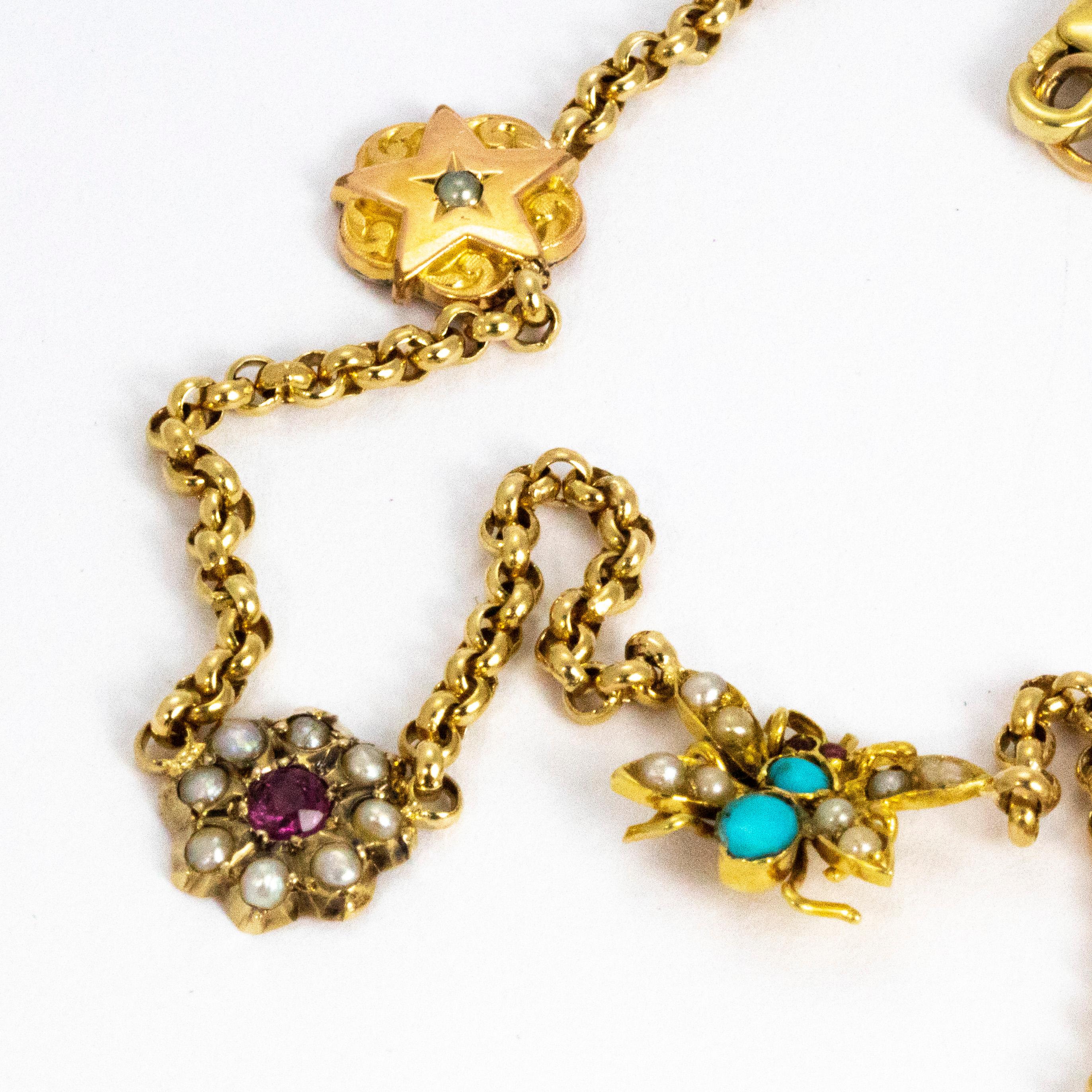 Vintage 9 Carat Gold Stone Set Charm Necklace In Excellent Condition In Chipping Campden, GB