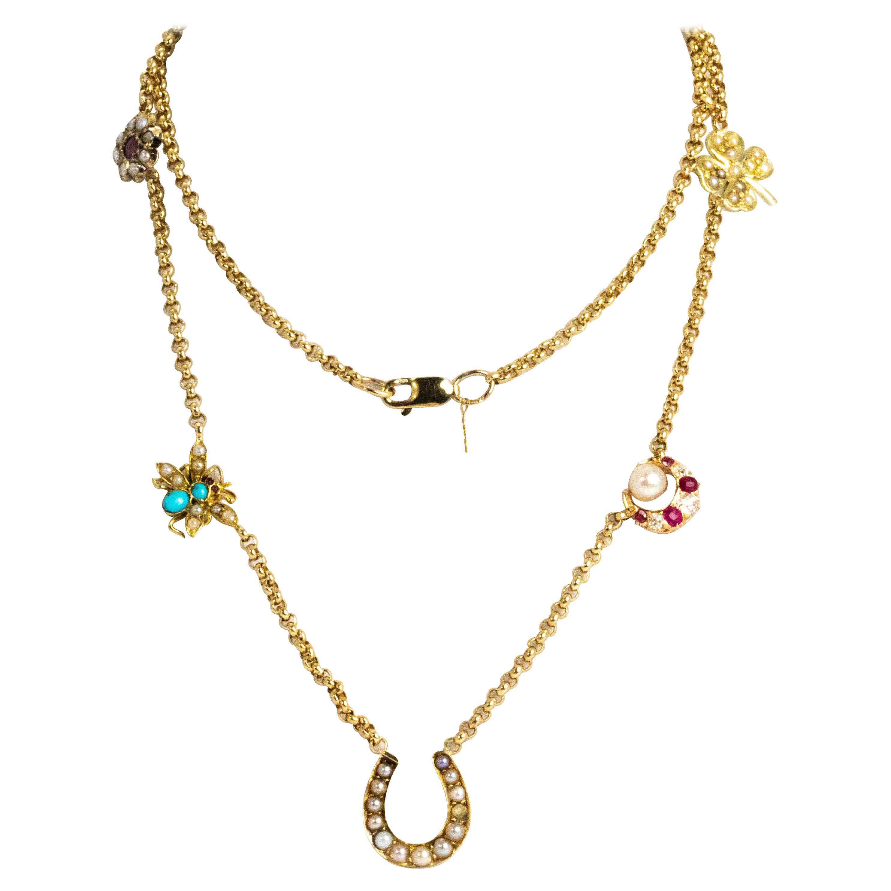 Vintage 9 Carat Gold Stone Set Charm Necklace
