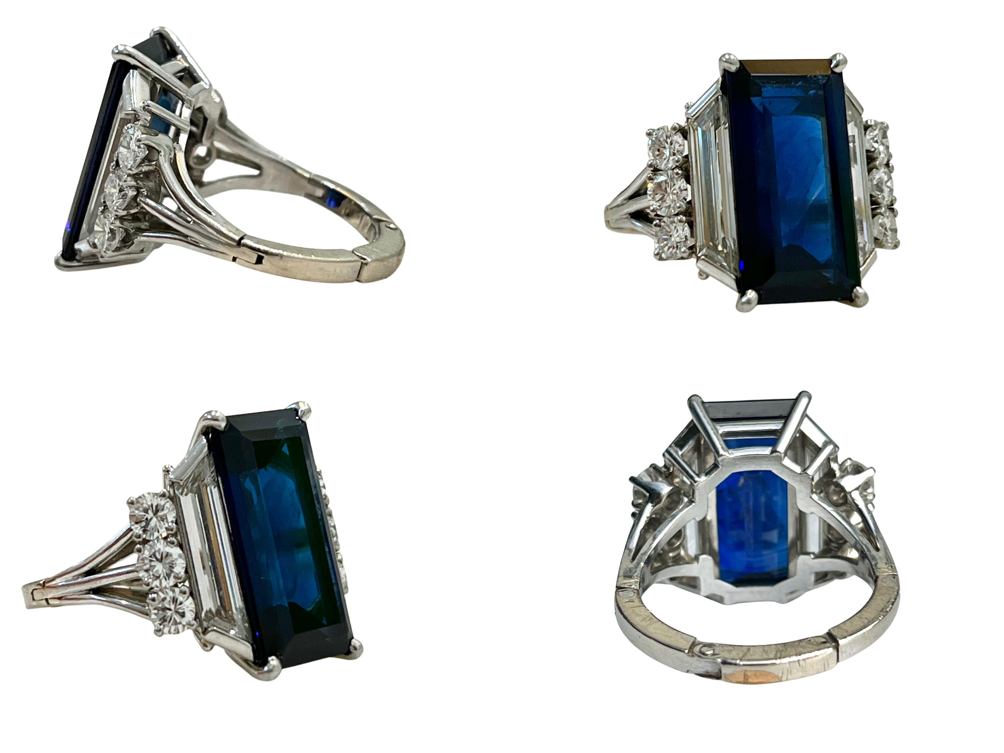 GRS Cert. Vintage 8.5 Carat Vivd Blue Sapphire & Trapezoid Diamond Platinum Ring For Sale 1