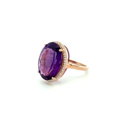 Vintage 9 Carat Oval Amethyst and RBC Diamond Gold Halo Solitaire Cocktail Ring