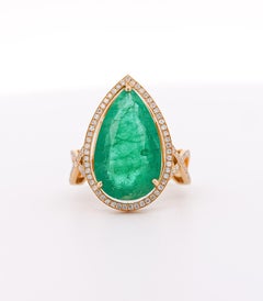 Vintage 9 Carat Pear Cut Zambian Emerald & Diamond Halo Ring Jacket in 18K Gold