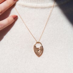 Vintage 9 Carat Rose Gold Engraved Lock Heart Padlock Pendant and Cable Chain