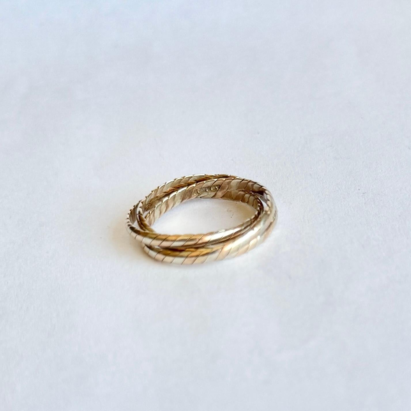 Vintage 9 Carat Rose, White and Yellow Gold Twist Triple Band Ring 1