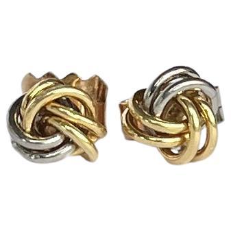 Vintage 9 Carat White and Yellow Gold Knot Stud Earring For Sale