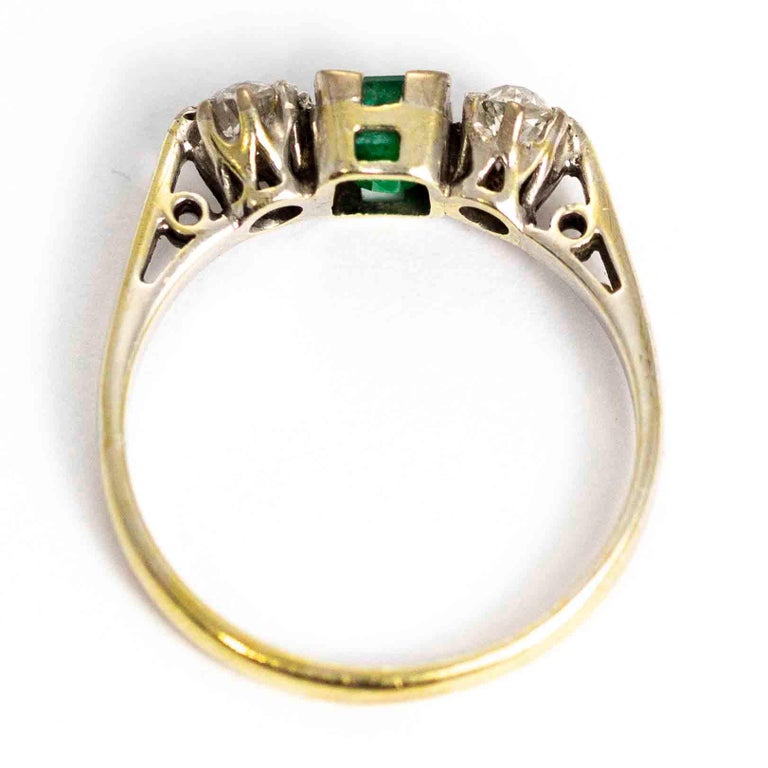 Vintage 9 Carat White Gold Emerald and Diamond Three-Stone Ring at 1stDibs