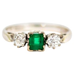 Vintage 9 Carat White Gold Emerald and Diamond Three-Stone Ring