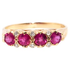 Vintage 9 Carat Yellow Gold Bright Pink Ruby and Single Cut Diamond Band