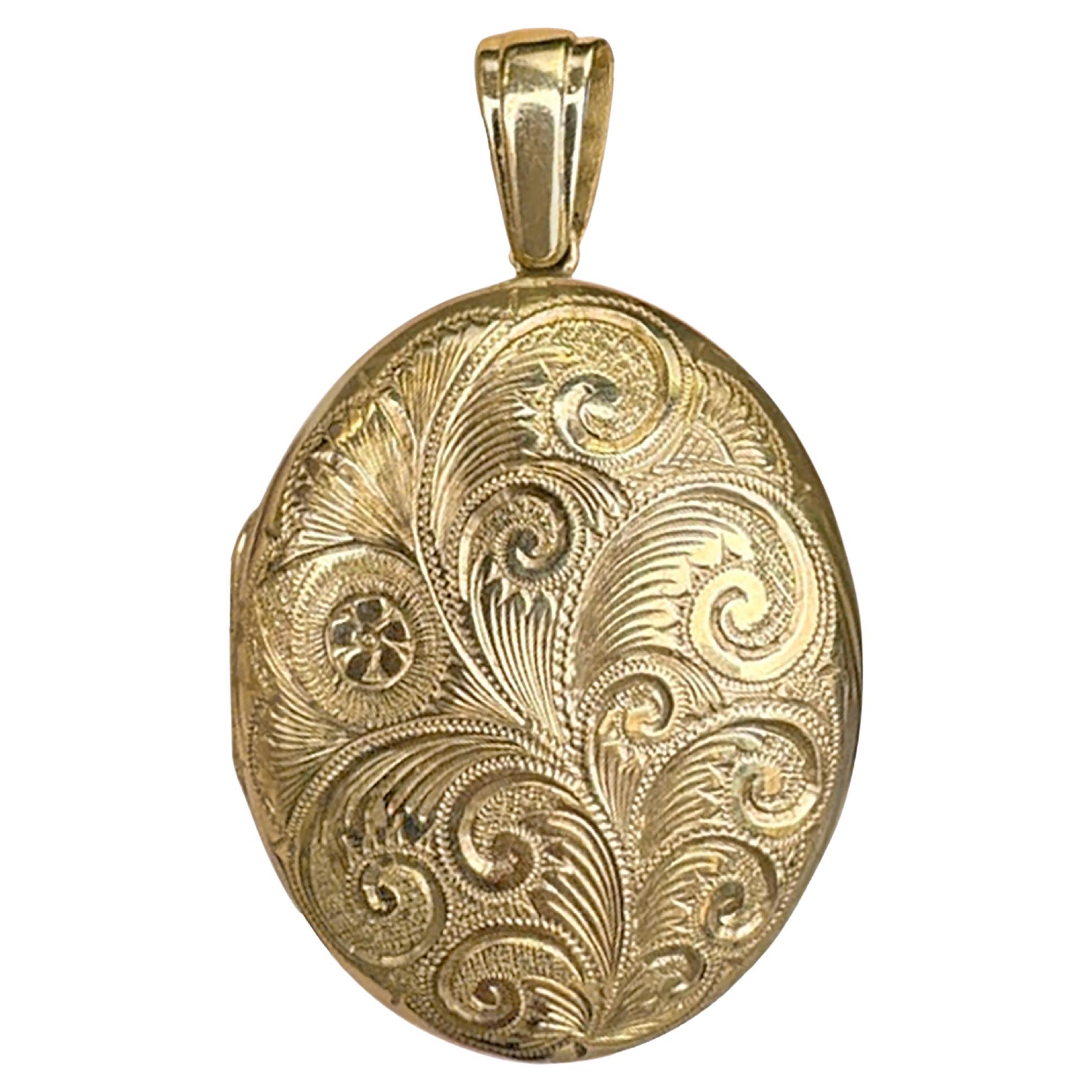 Vintage 9 Carat Yellow Gold Floral Engraved Locket Pendant, 1996