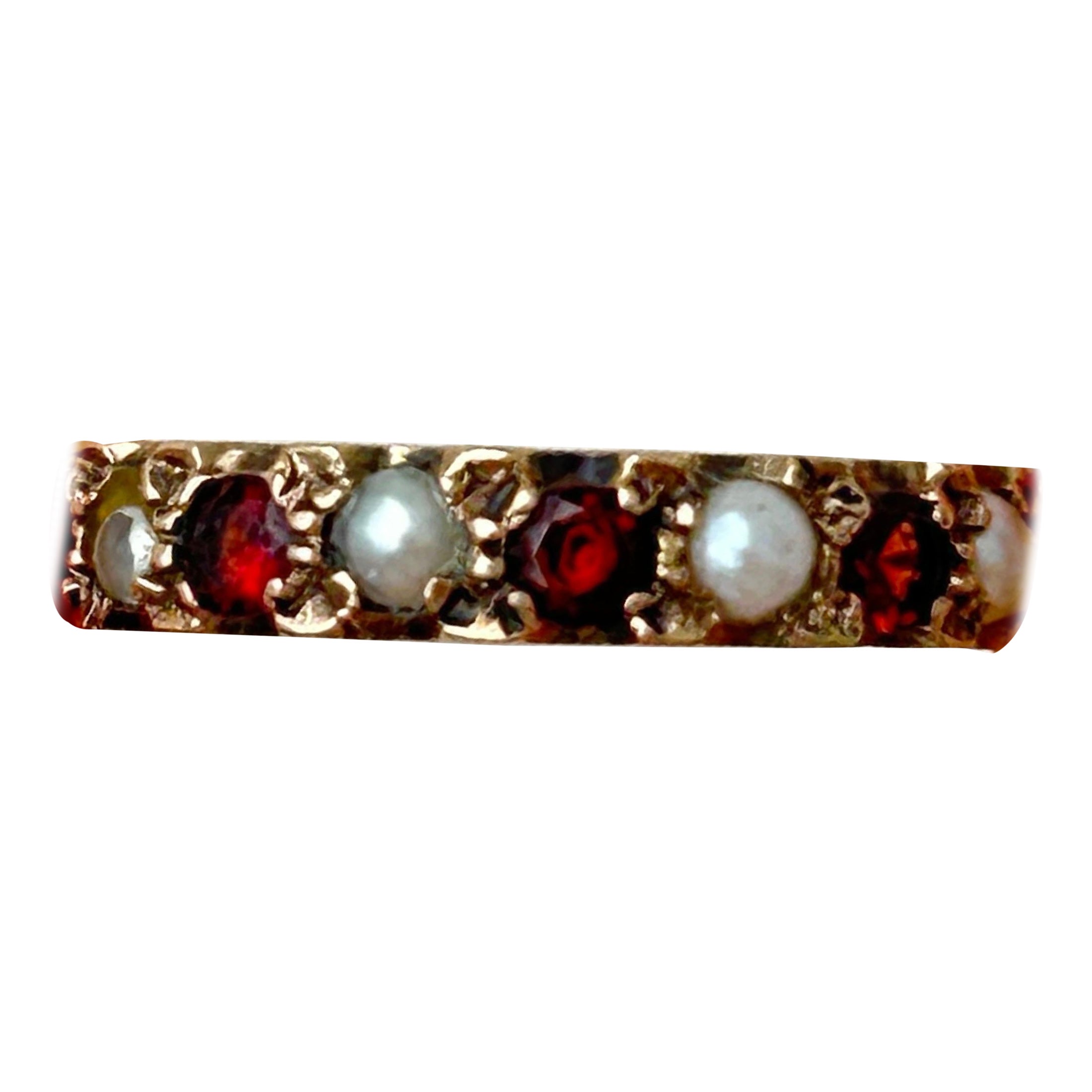Vintage 9ct Gelbgold Granat und Perle Full Eternity Band Ring
