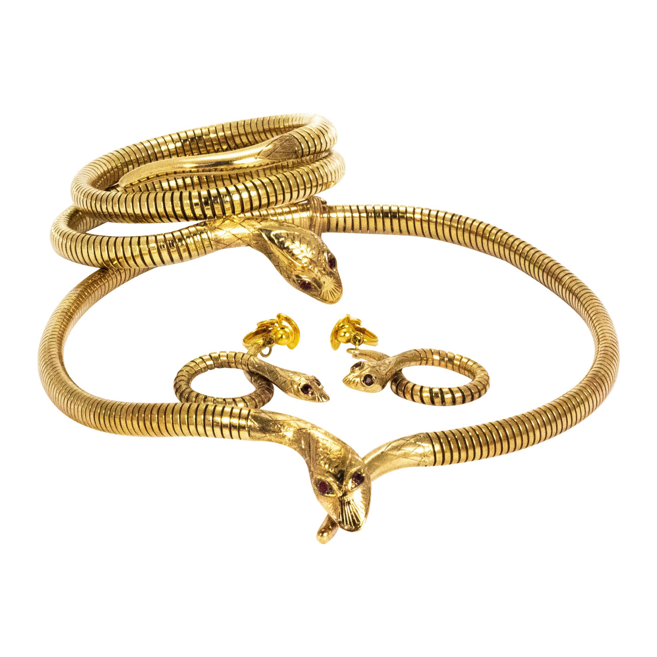 Vintage 9 Gold Snake Bracelet, Earrings and Necklace Set at 1stDibs