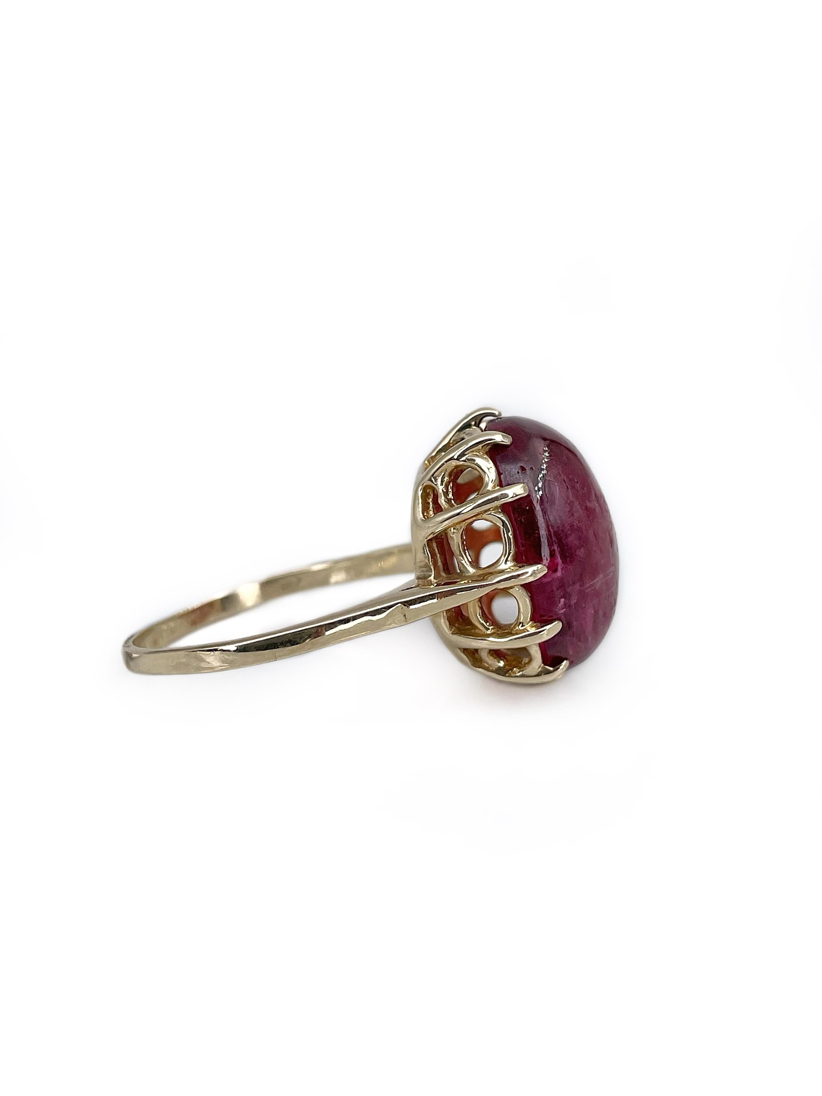 This is a vintage cocktail ring crafted in 9K slightly yellow gold. The piece features beautiful pink cabochon cut tourmaline: 14ct, stpR 4/3, P3. 

Weight: 6.47g 
Size: 18.5 (US8.5)

IMPORTANT: please ask about the possibility to resize before