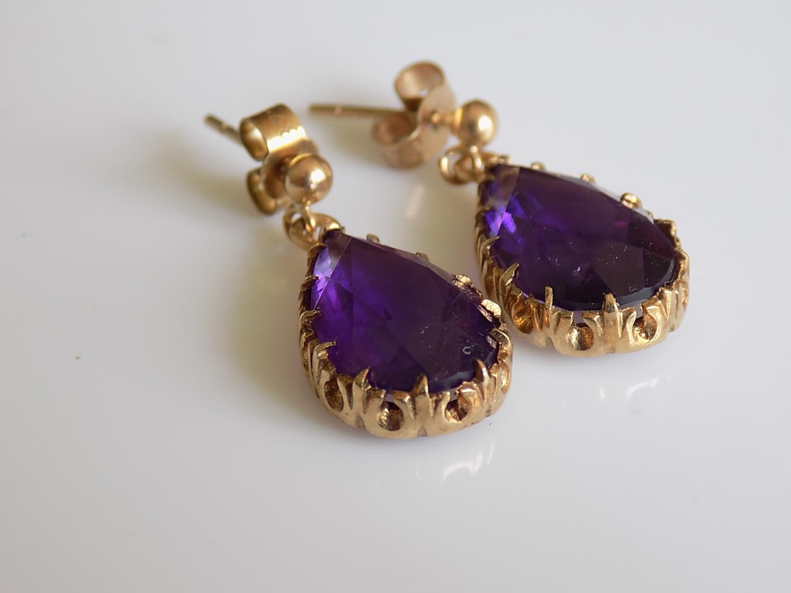 Victorian Vintage 9 Karat Gold Amethyst Teardrop Dangle Earrings London HM