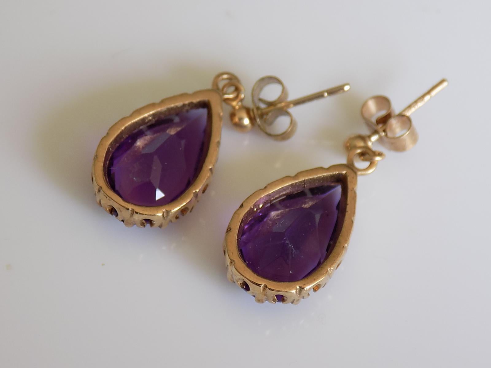 Women's Vintage 9 Karat Gold Amethyst Teardrop Dangle Earrings London HM