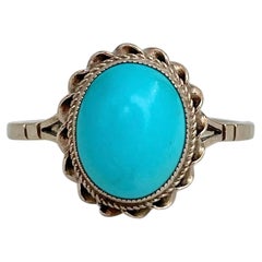 Vintage 9 Karat Gold Cabochon Cut Turquoise Oval Ring