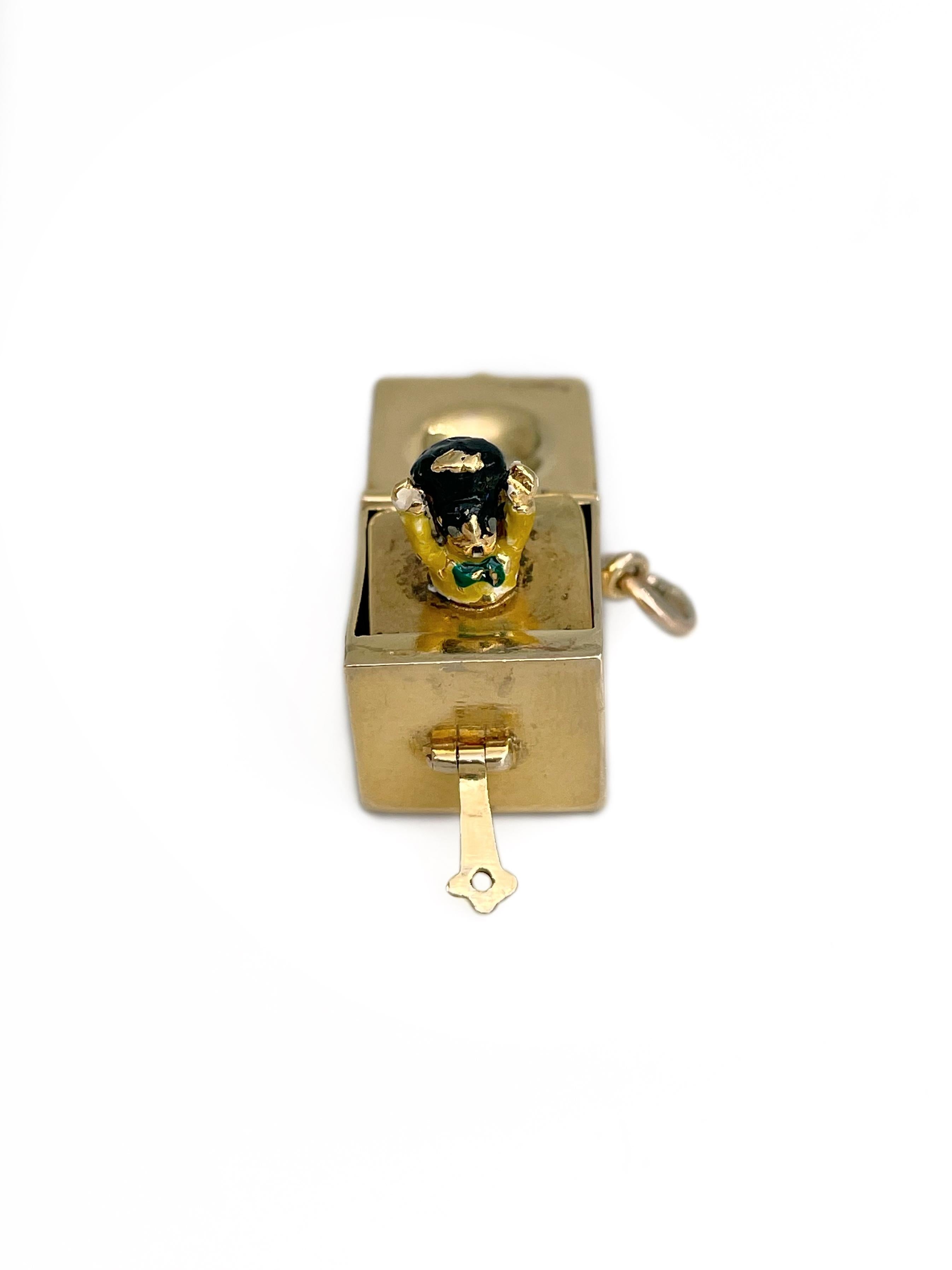 This is a playful mechanical “Jack-in-the-Box” charm pendant crafted in 9K gold and enamel. Circa 1960.

The clasp when opened releases the enamel figure from the box. (See the video). It is an extraordinary piece and a rare find. 

Weight: