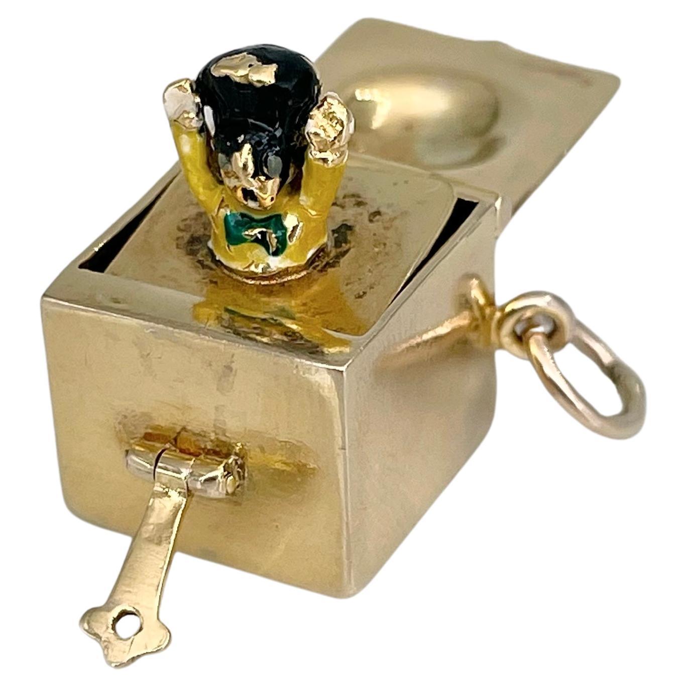 Vintage 9 Karat Gold Enamel Mechanical “Jack-in-the-Box” Charm Pendant