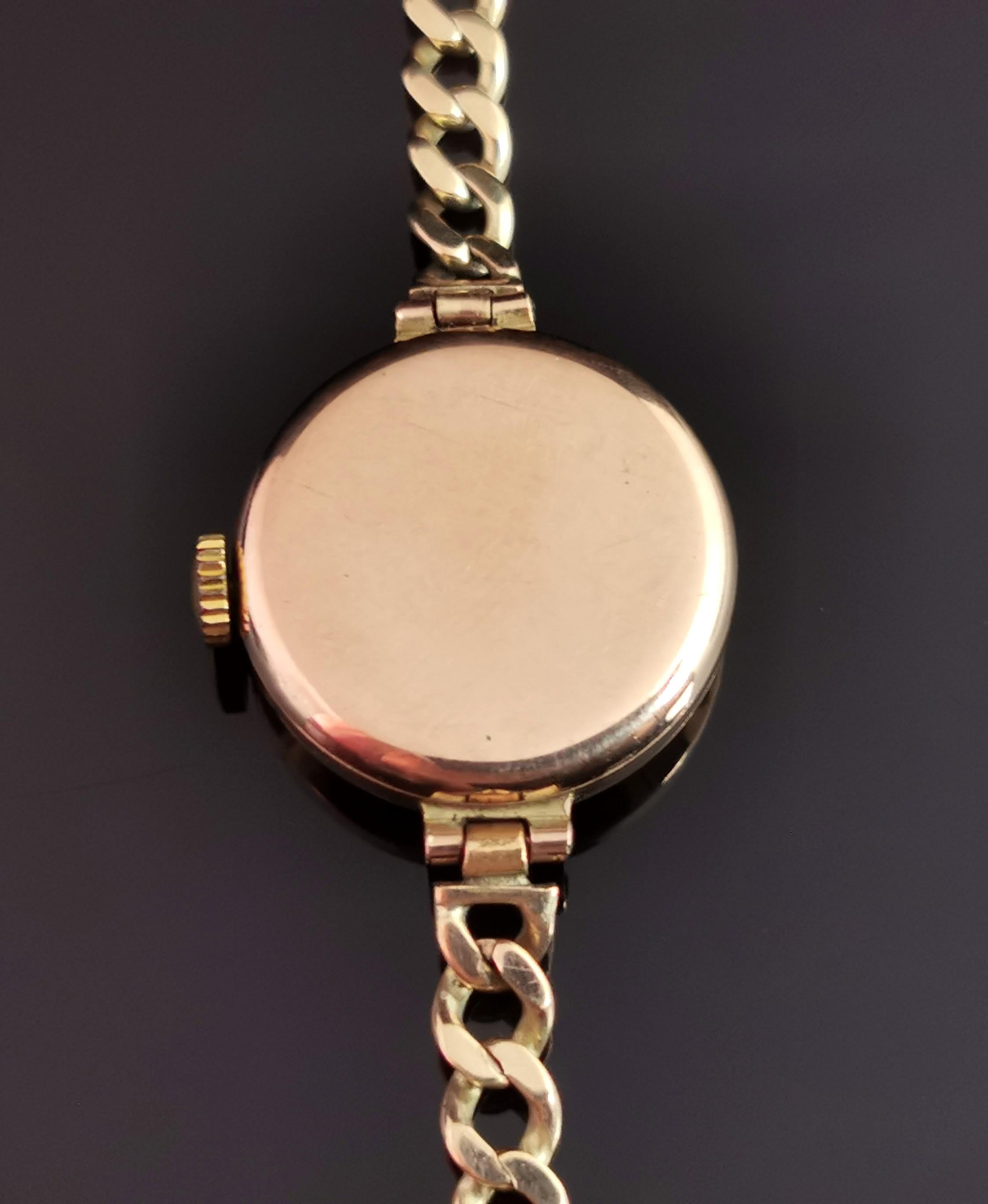 Vintage 9 Karat Gold Ladies Wristwatch, Curb Link Bracelet, 1950s 8