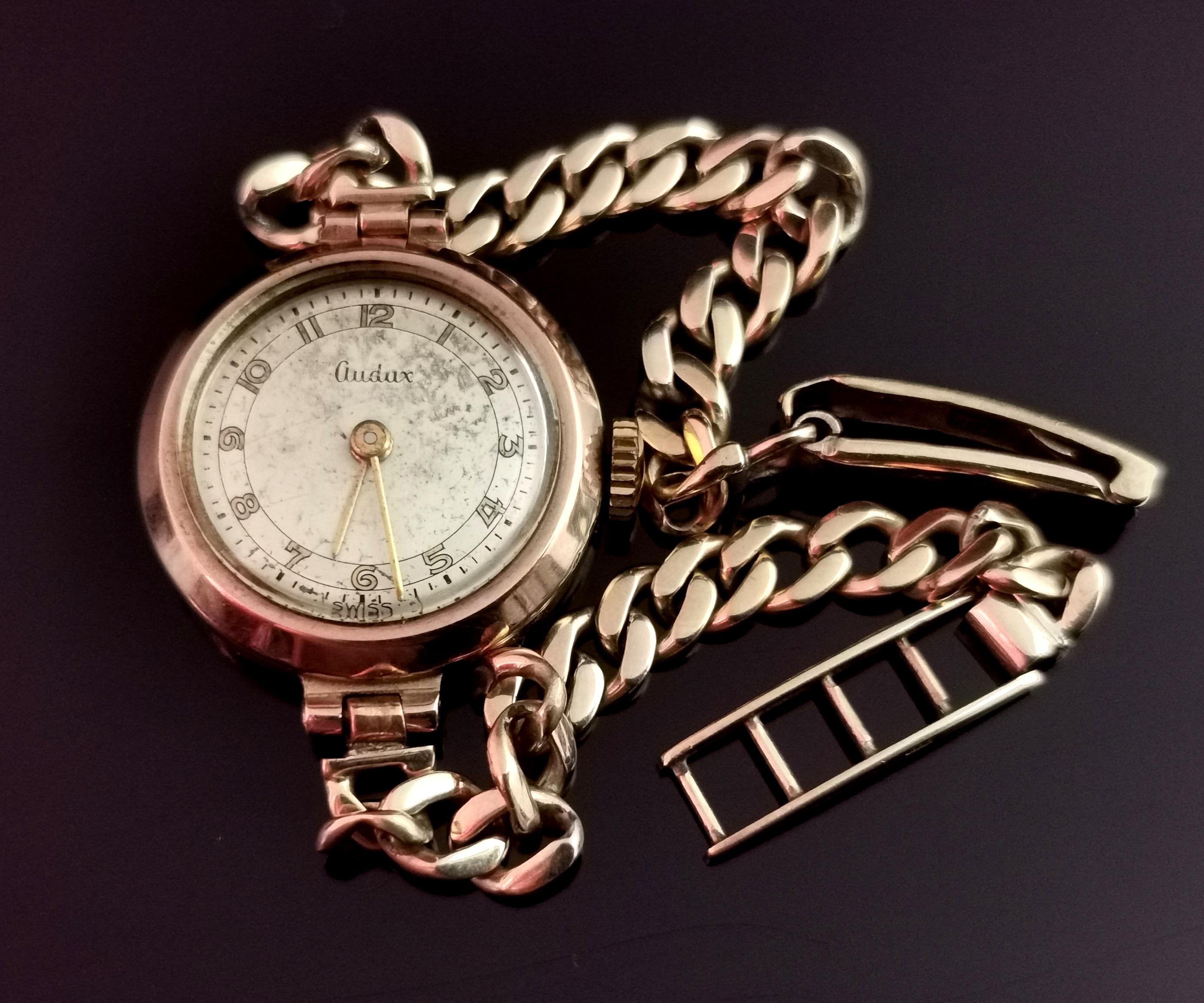 Women's Vintage 9 Karat Gold Ladies Wristwatch, Curb Link Bracelet, 1950s