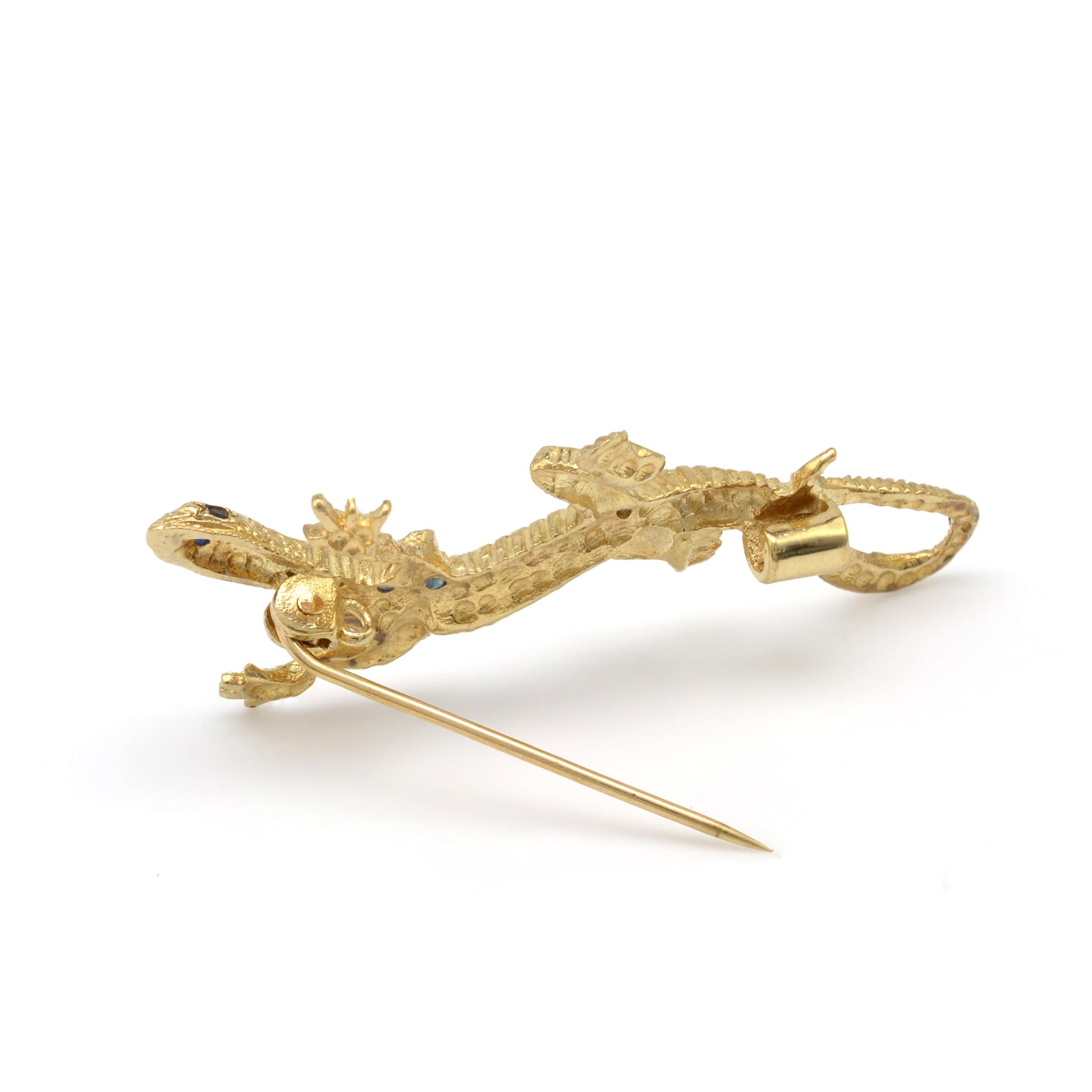 Art Deco Gold & Sapphire Gecko lizard Brooch Vintage Assay Hallmarks, Dated 1977 For Sale