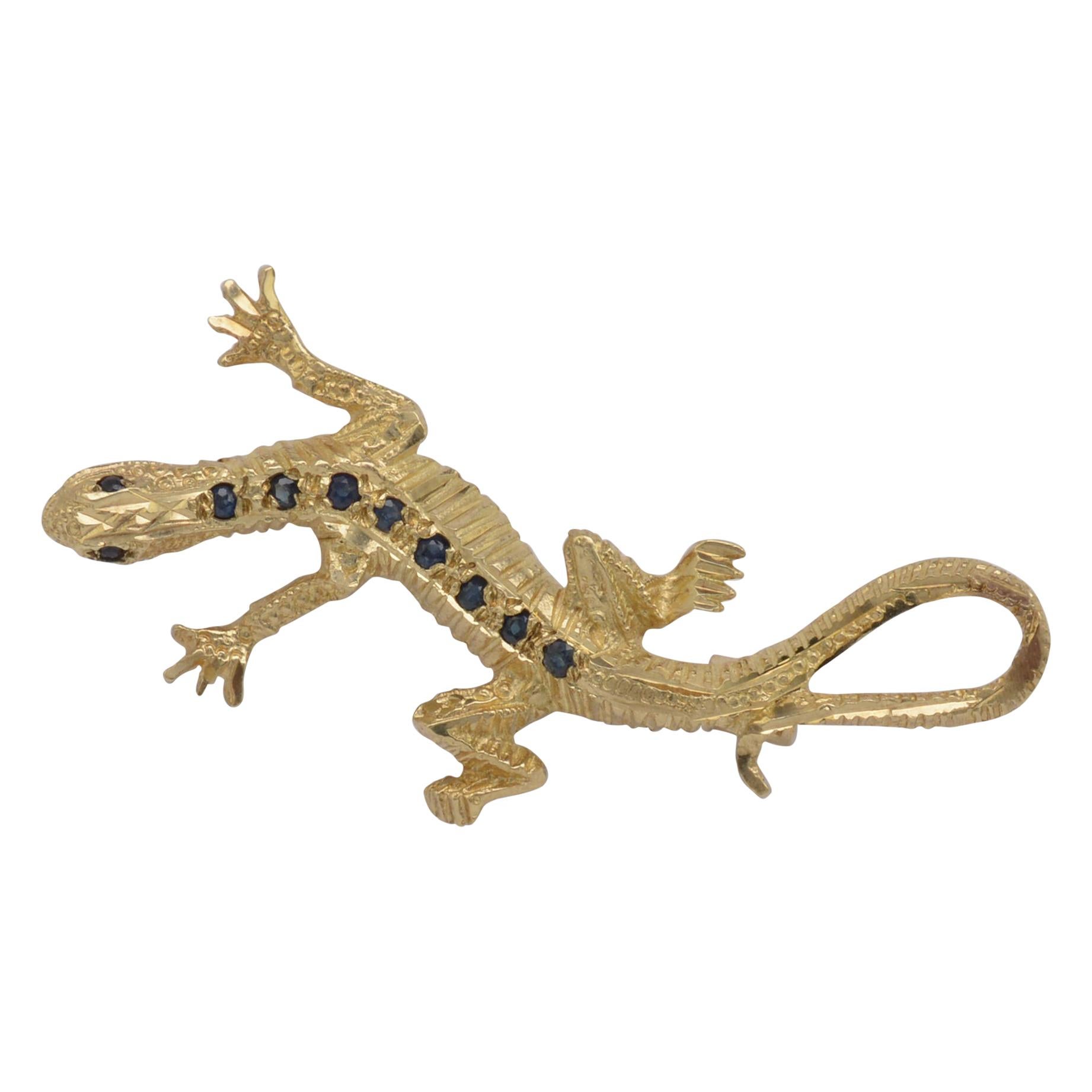 Gold & Sapphire Gecko lizard Brooch Vintage Assay Hallmarks, Dated 1977 For Sale