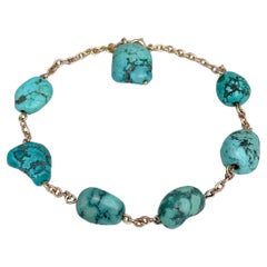 Vintage 9 Karat Gold Natural Turquoise Bead Chain Bracelet