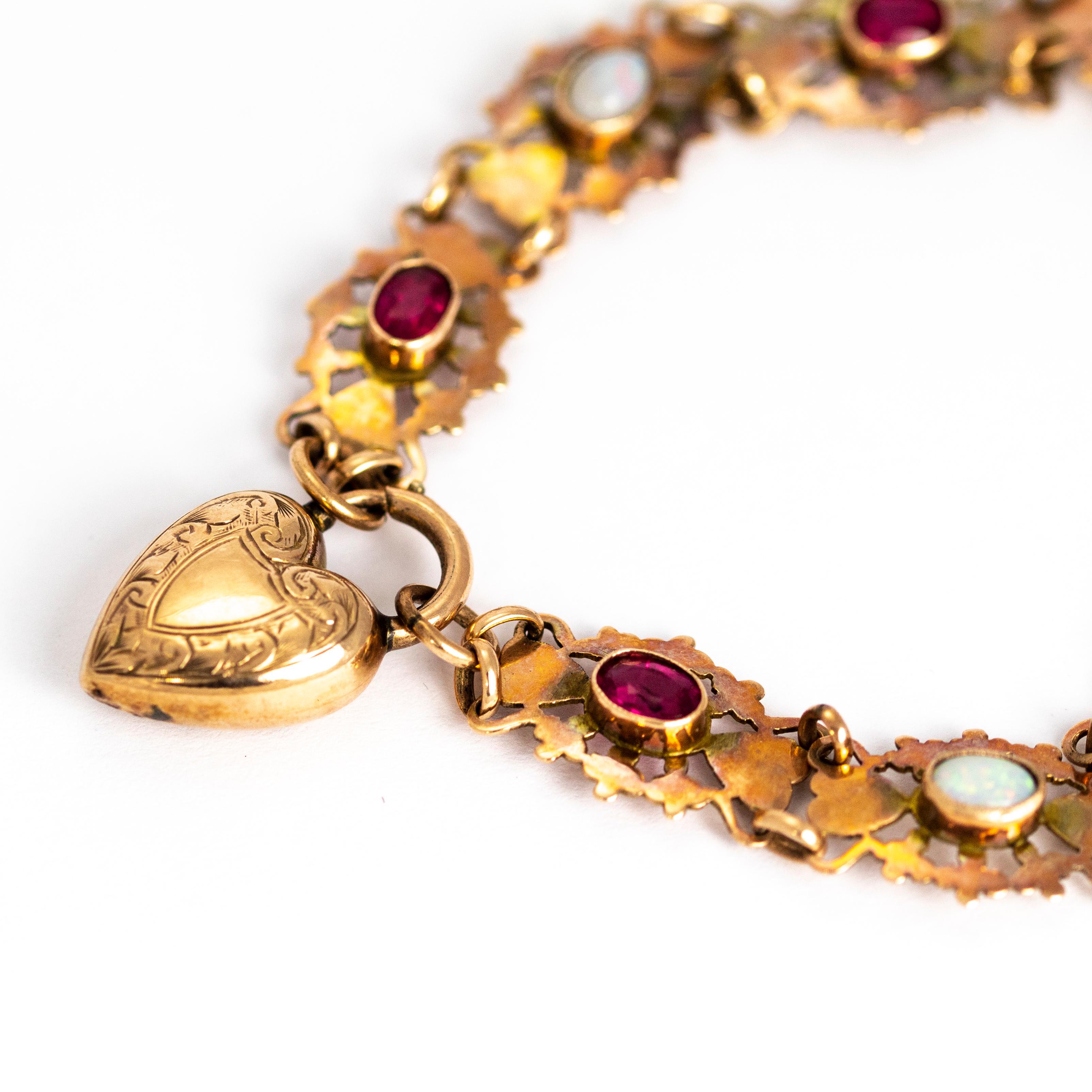Oval Cut Vintage 9 Karat Gold Ruby and Opal Bracelet