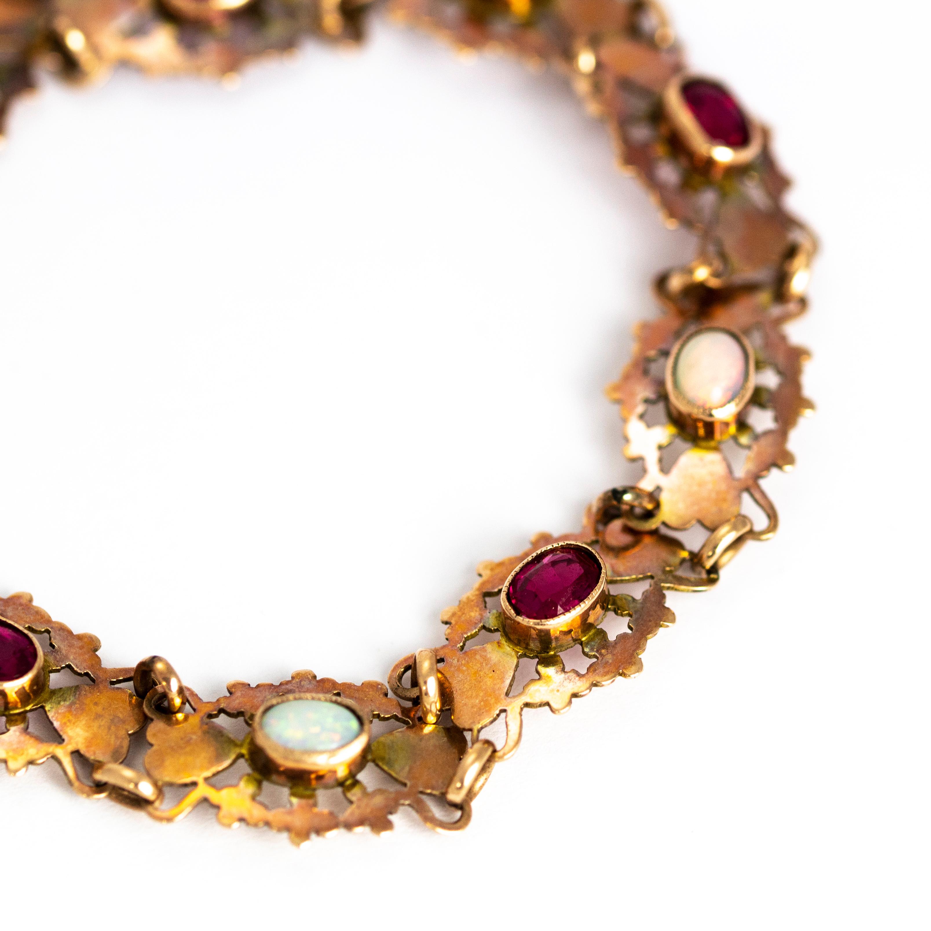 Vintage 9 Karat Gold Ruby and Opal Bracelet In Good Condition In Chipping Campden, GB