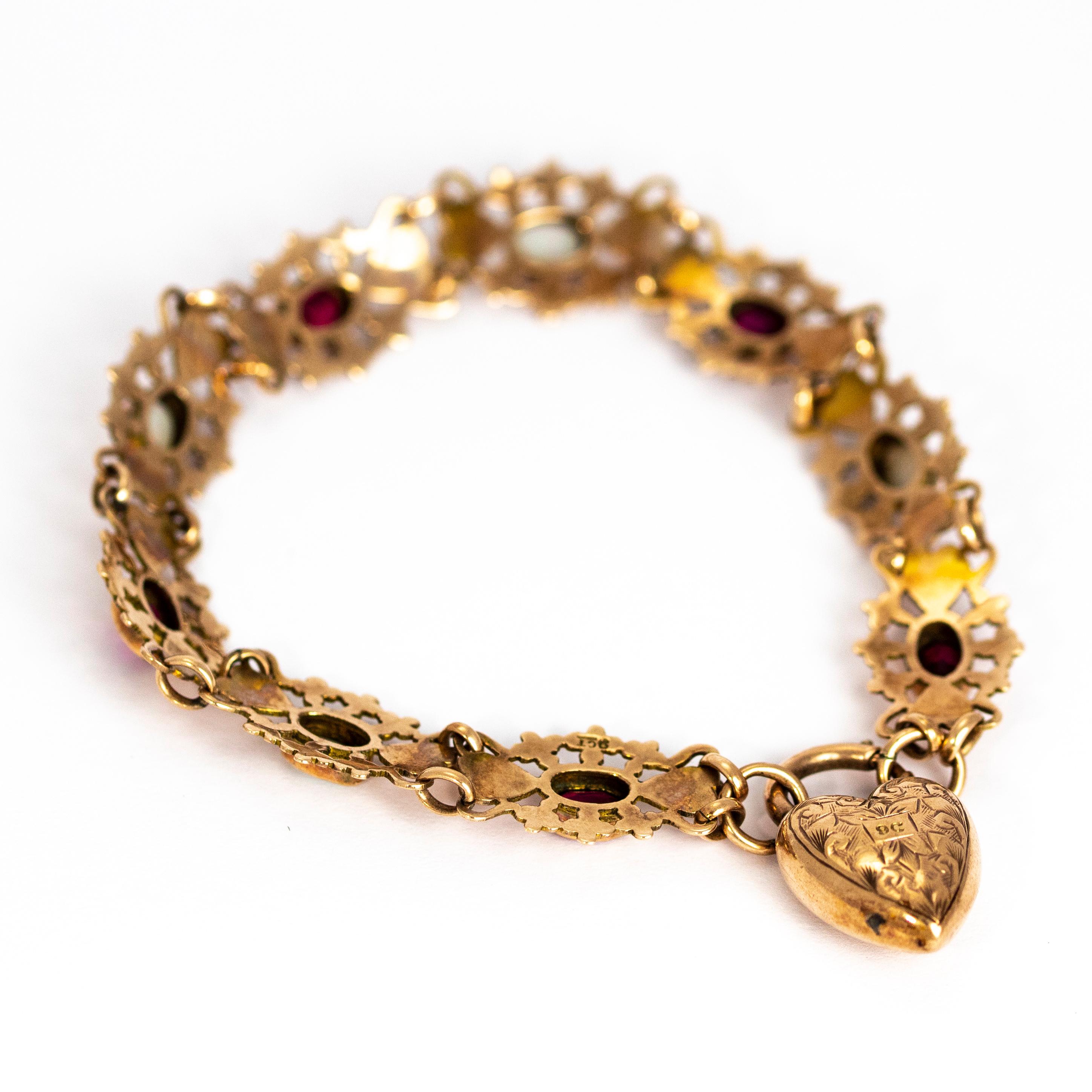 Women's or Men's Vintage 9 Karat Gold Ruby and Opal Bracelet