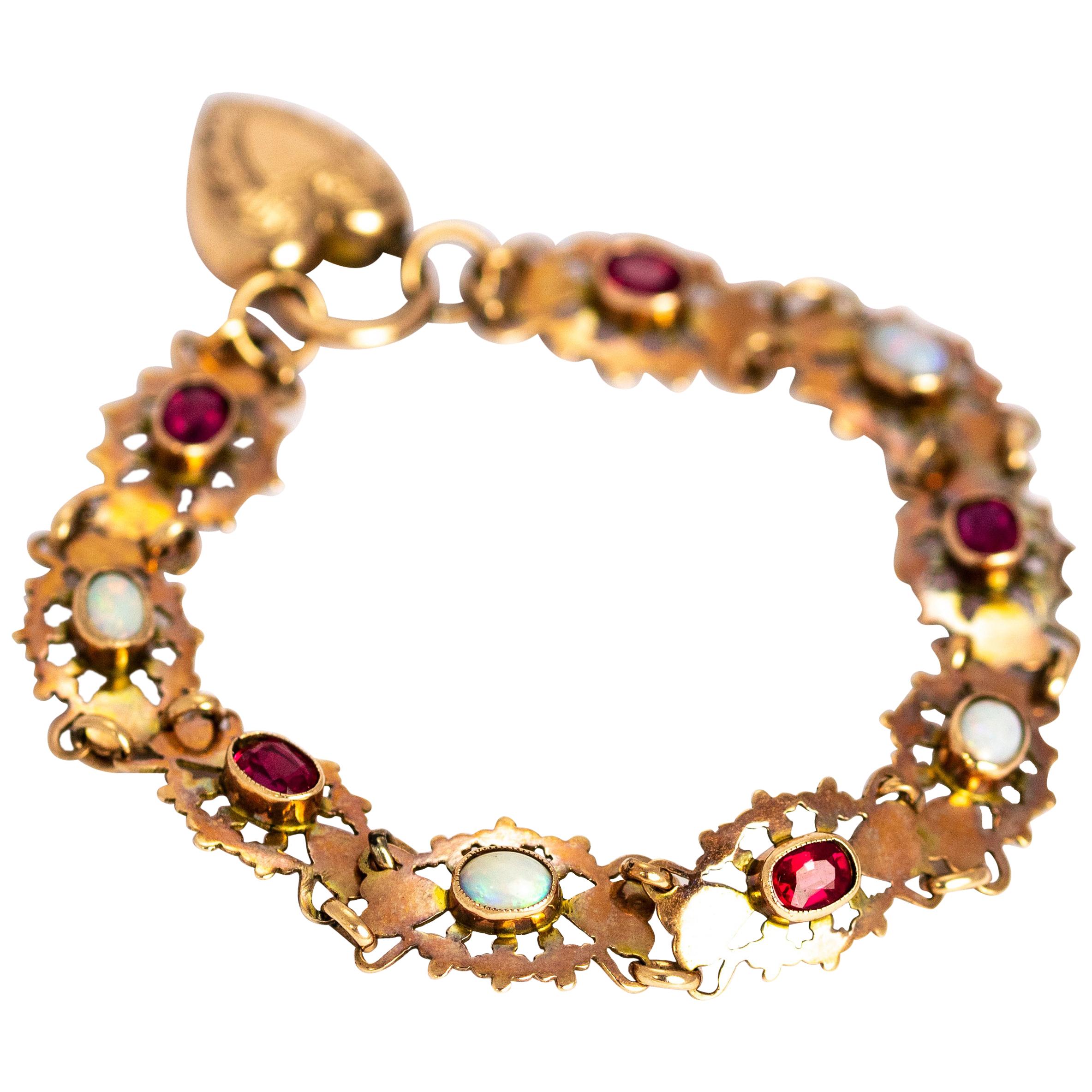 Vintage 9 Karat Gold Ruby and Opal Bracelet