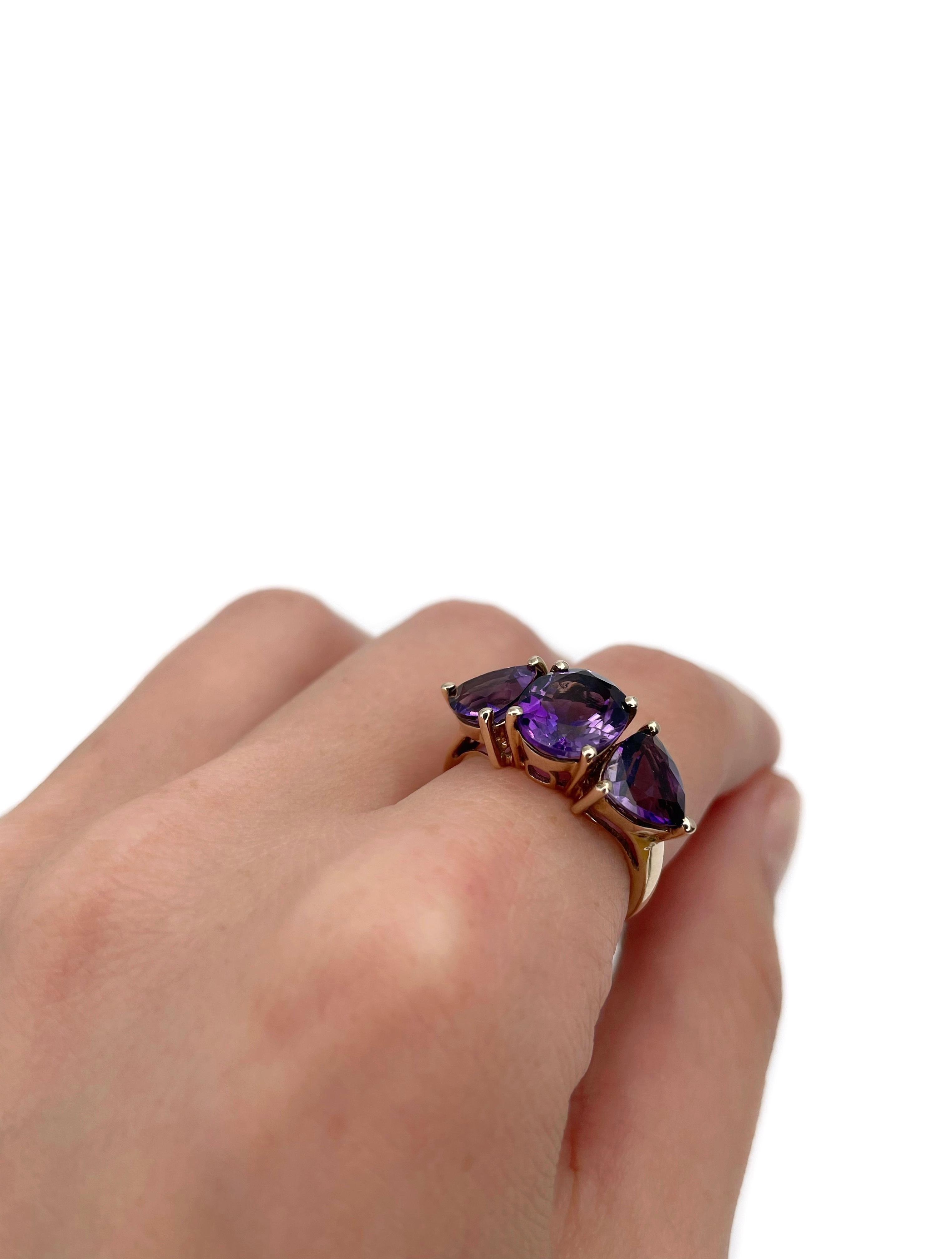 Modern Vintage 9 Karat Gold TW 5.60 Carat Amethyst Three-Stone Ring For Sale