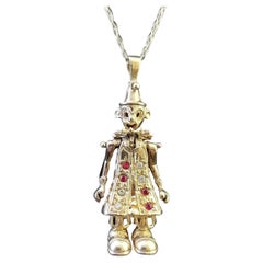 Vintage 9 Karat Yellow Gold Clown Pendant, Trace Link Necklace, Articulated