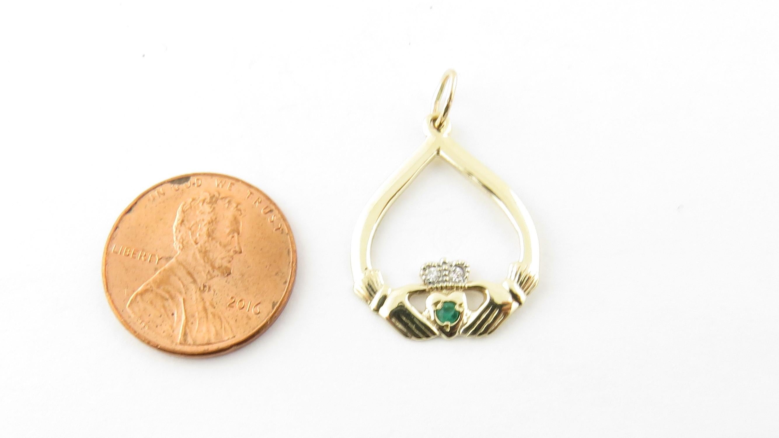 Women's Vintage 9 Karat Yellow Gold Emerald and Diamond Claddagh Pendant #4129