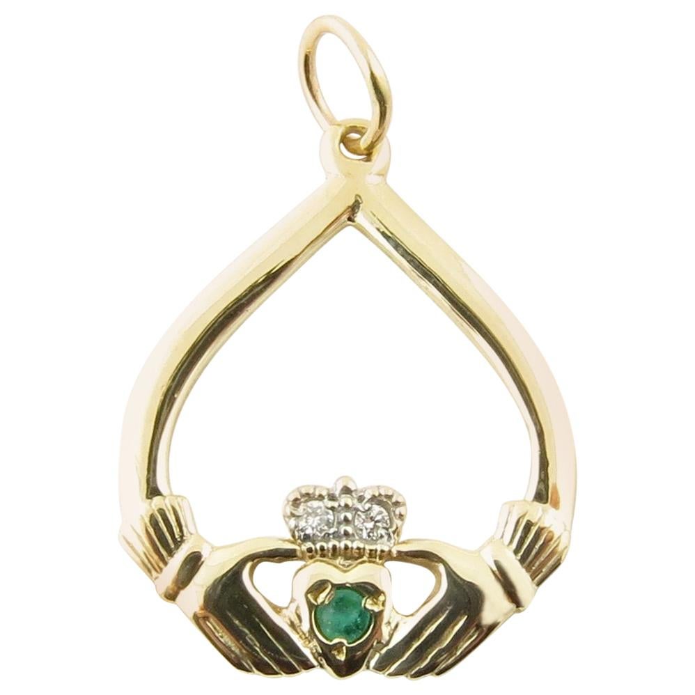 Vintage 9 Karat Yellow Gold Emerald and Diamond Claddagh Pendant #4129