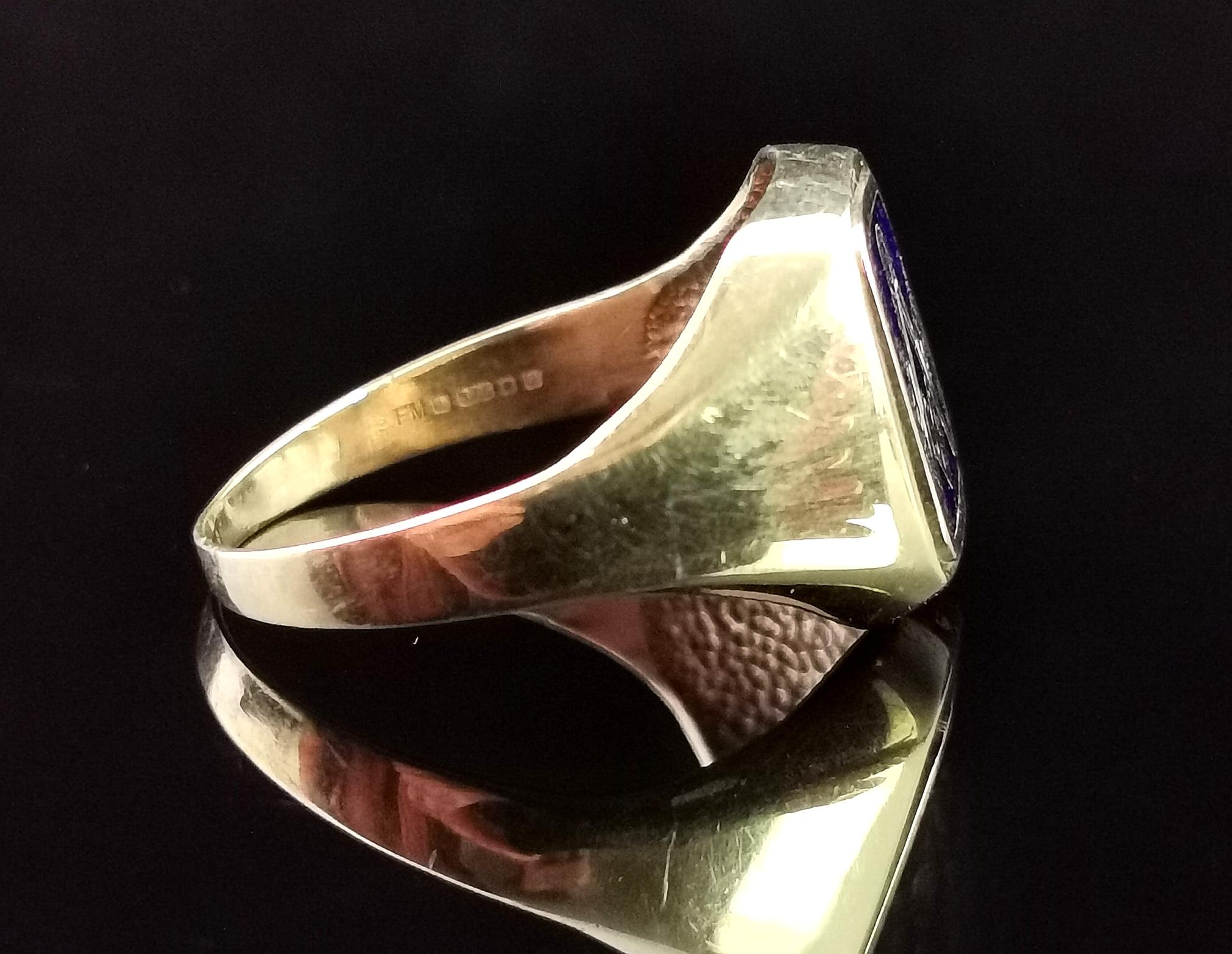 Vintage 9 Karat Yellow Gold Masonic Swivel Ring, Signet, Blue Enamel 2