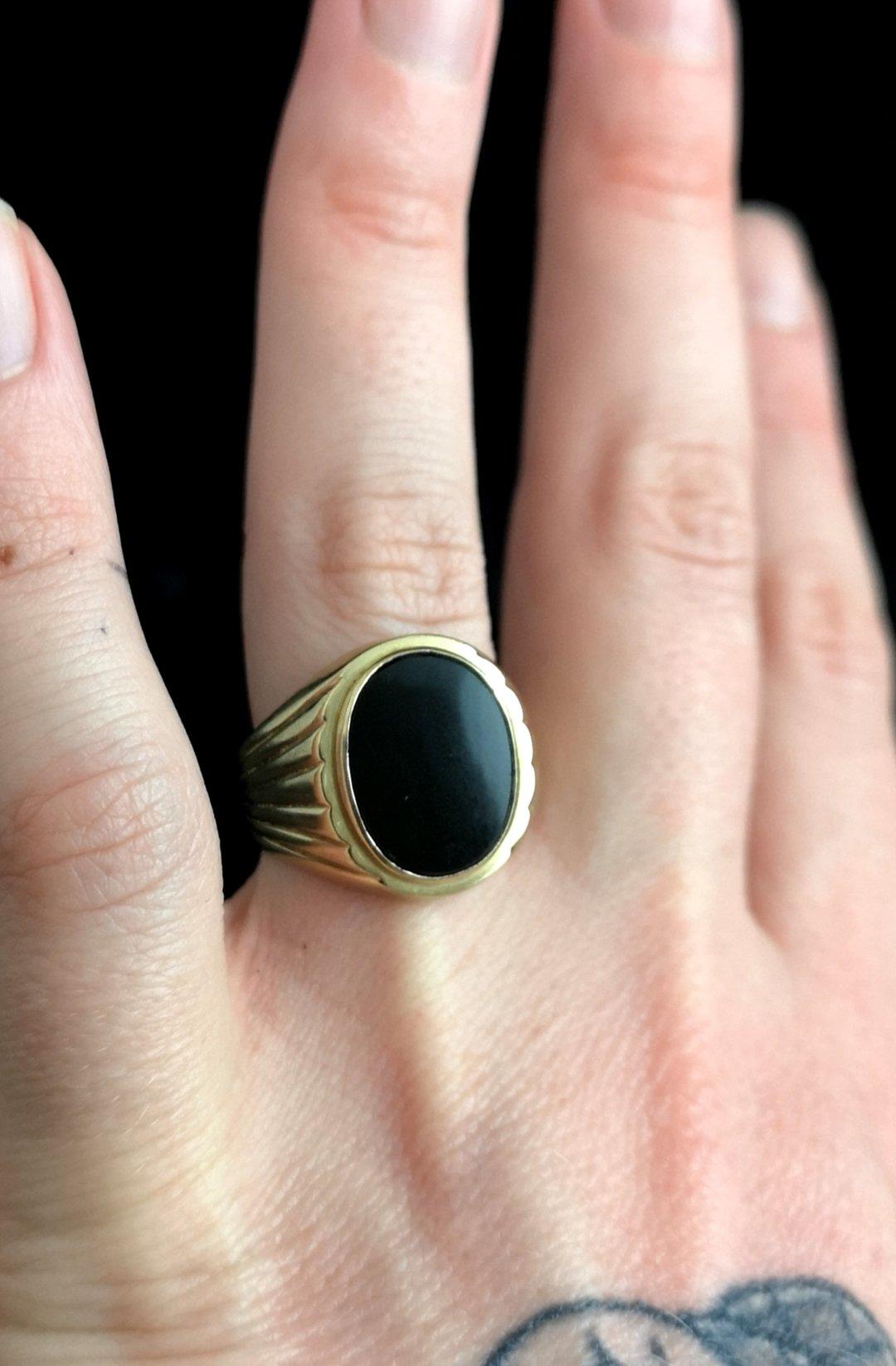 Men's Vintage 9 Karat Yellow Gold Onyx Signet Ring, Large